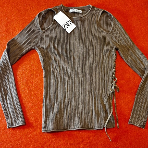 Zara light brown khaki laced cut out long sleeves ribbed cotton NWT - Picture 3 of 15